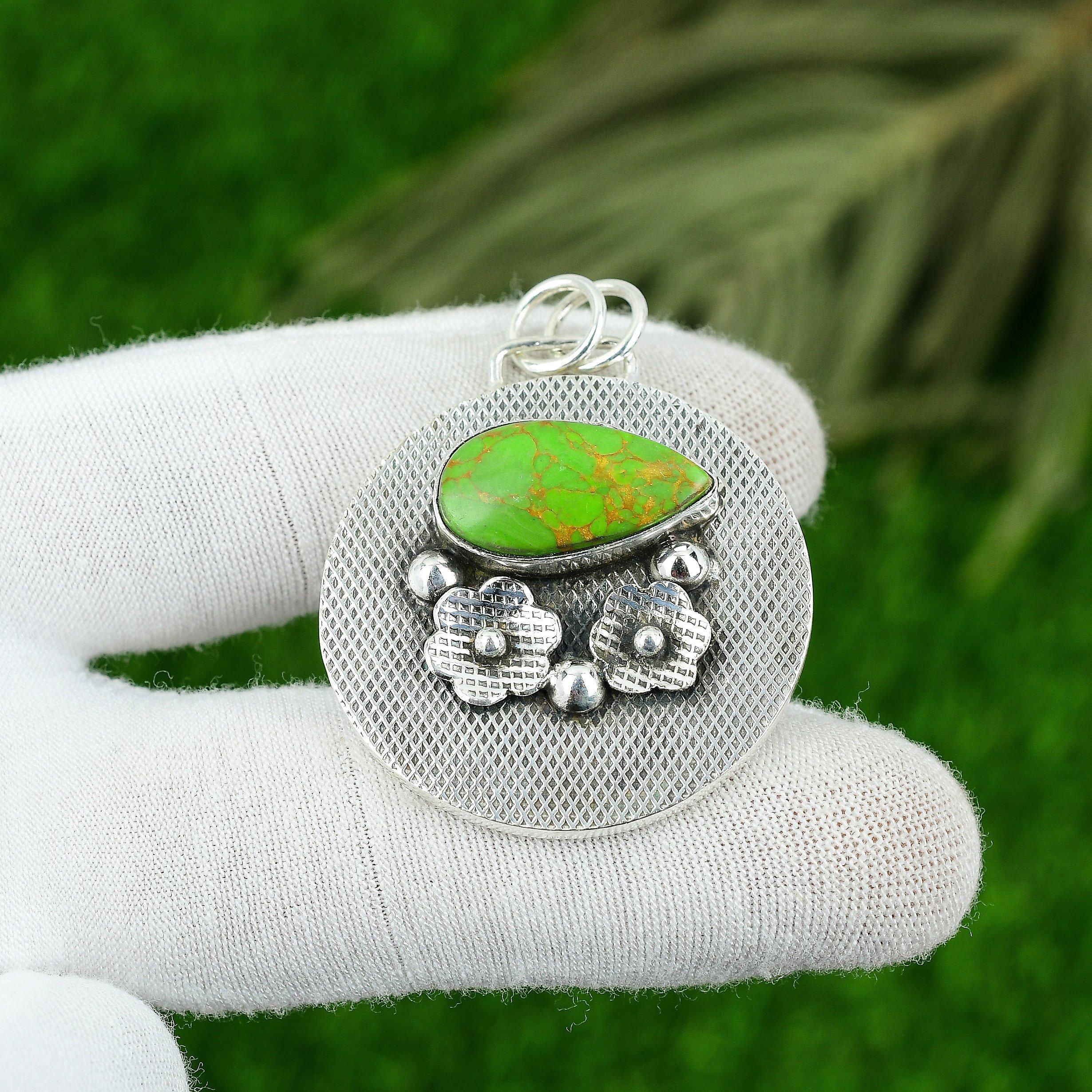 Anniversary Gift For Her Natural Green Turquoise Gemstone Pendant 925 Silver
