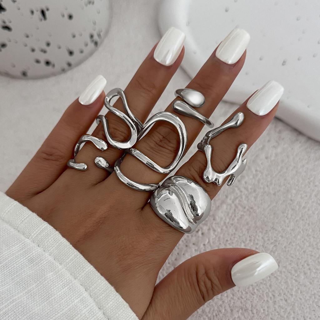 Landscape Water Droplets Hug Open Ring, Liquid Metal Pleated Irregular Crossed Ring