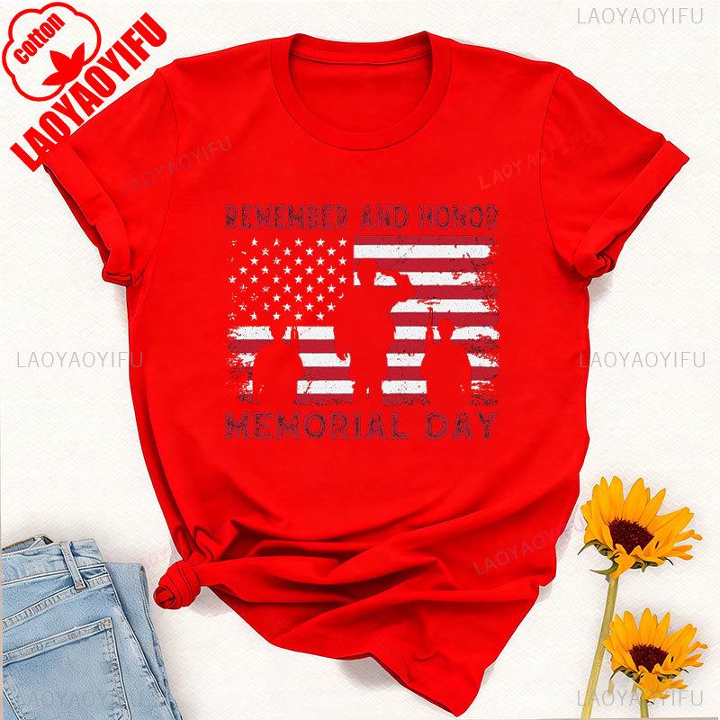 Memorial Day Flag TShirt Remember  Honor High Quality Cottont Crewneck Tops Tee Shirt Short Casual Style Graphic T Shirts S