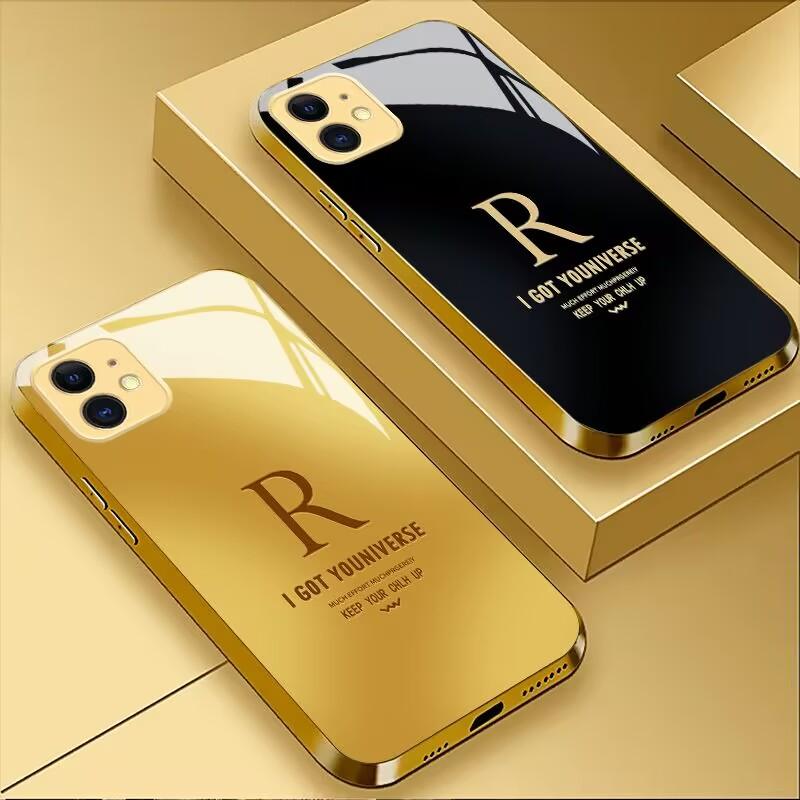 Electroplated glass phone case letter "R" design golden frame For iPhone 17 Air 16 Pro 15 Pro Max 14 Plus anti-drop protection