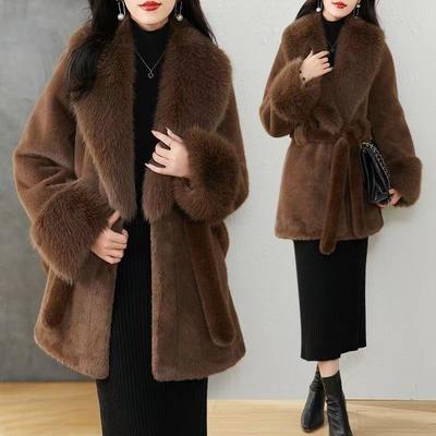 Manteaux en fausse fourrure pour femmes Manteau d'hiver à col en fausse fourrure de renard Manteau en fourrure coupe ajustée mi-long grande taille