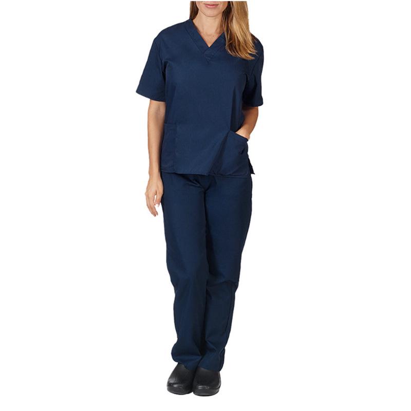 European and American Style Solid Color V-Neck Nursing Uniform Set for Women - Protective Two-Piece with Pockets