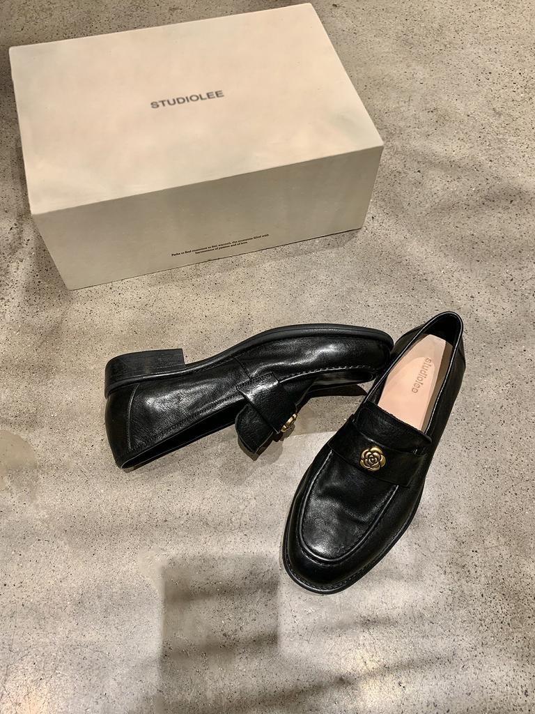 Cowhide~ Grape mother same camellia platform loafers women's genuine leather retro gold buckle versatile thick heel small leather shoes