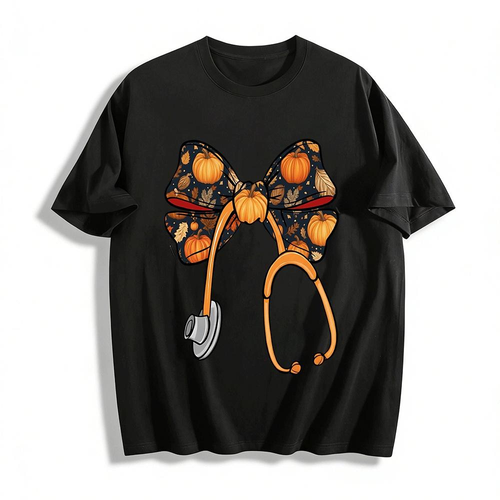Fall Pumpkin Stethoscope Print Medical Theme Casual Top Pure cotton T-shirt XXS