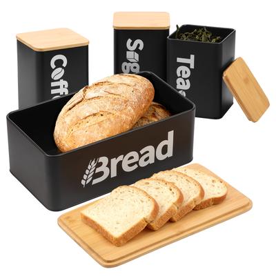 Ensemble 4 Pièces Boîte à Pain et Boîtes de Rangement Fer Boîte à Pain Sucre Thé Café Boîtes de Rangement avec Couvercles Planche à Découper en Bambou pour Cuisine