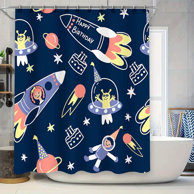 Blue Galaxy Space Birthday Shower Curtain Astronaut Space Rocket Decorative Cloth Curtain 90x180cm