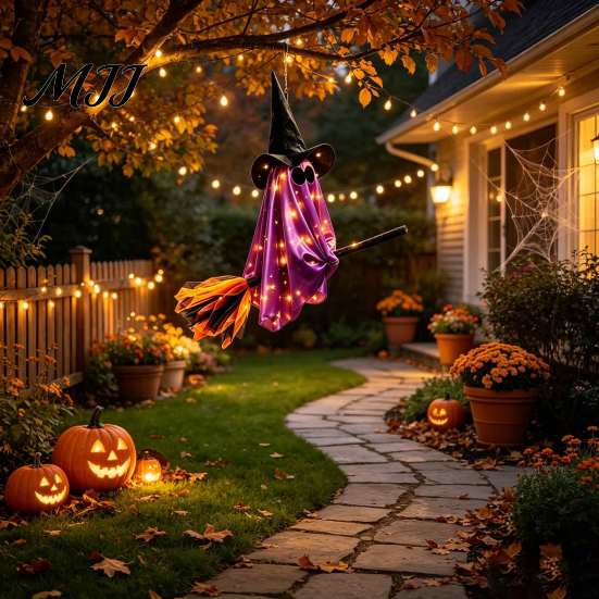 Whimsical Ghost Witch Figurine Halloween Flying with Broom, Large Lighted Hanging Decoration Easy Holiday Party Props Hat for Lawn Patio Porch