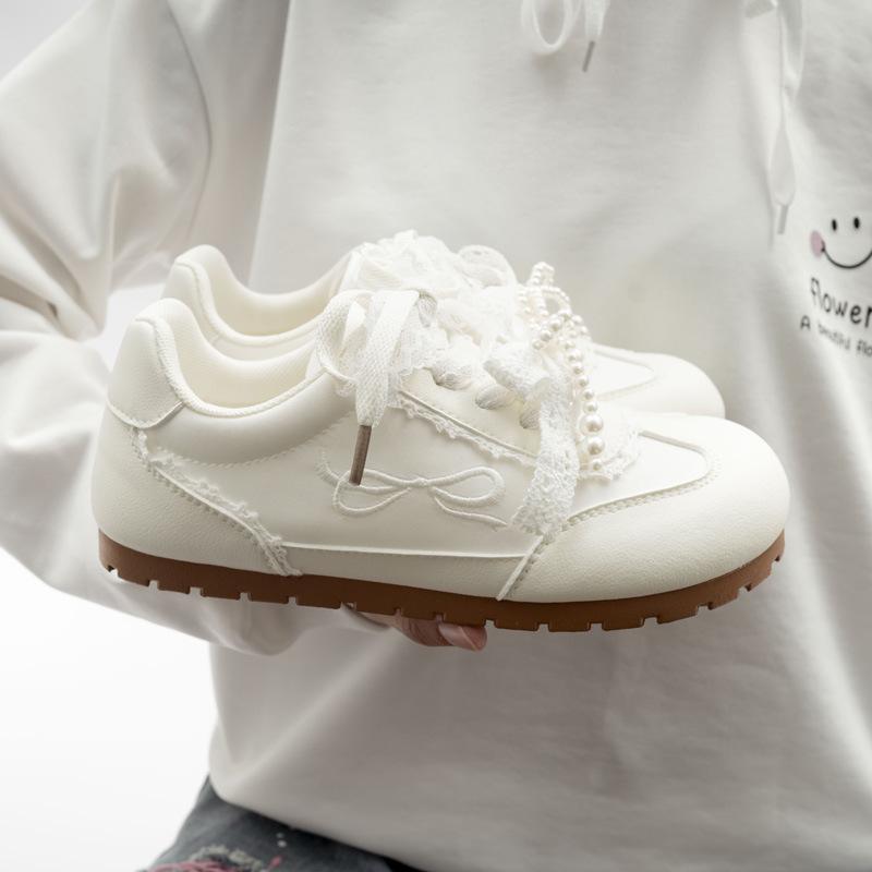 Pell satin pearl ribbon casual shoes Dexun shoes soft sole round head Forrest Gump shoes