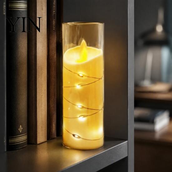 Realistic Flickering Candles for Christmas Flameless LED Candles, Battery Operated Acrylic Pillar with Embedded Wedding Table Centerpiece String, Fake