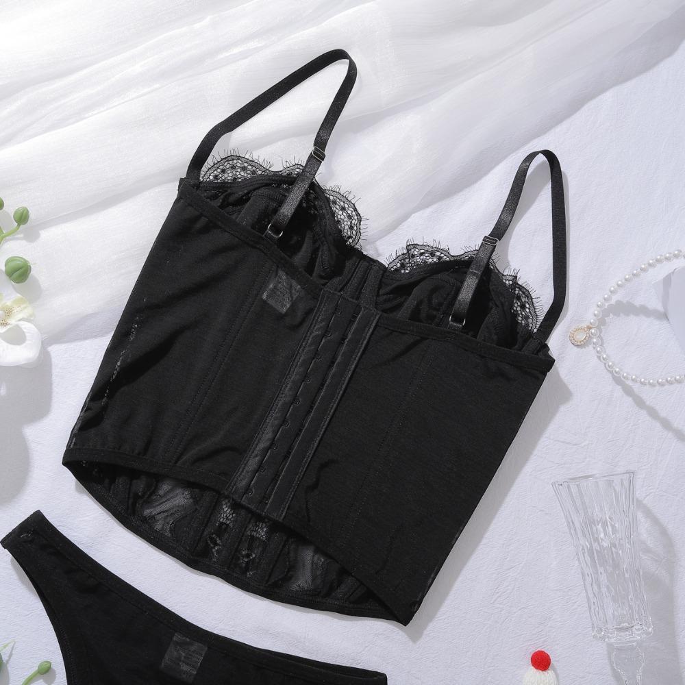 Conjunto de Sujetador de Encaje Francés Sexy Malla Ultradelgado Lencería para Mujer Conjunto de Tops de Verano con Tirantes Ropa Interior Moldeadora Negra Sujetadores con Conjuntos de Tanga