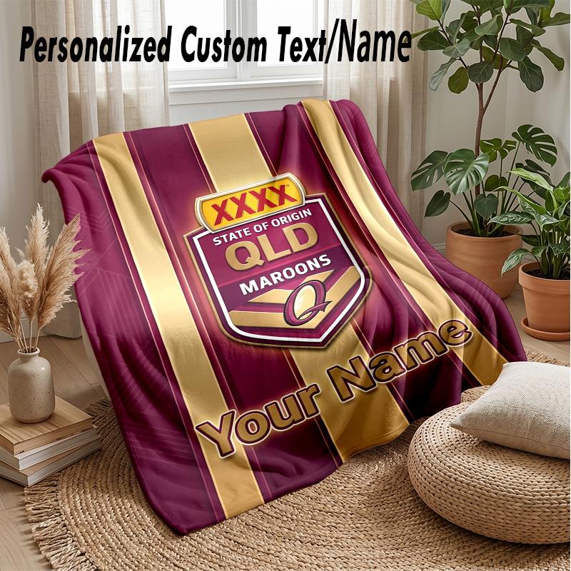 Queensland Maroons Custom Flannel Throw Blanket Print Your Name Text Soft Warm Blanket Holiday Present