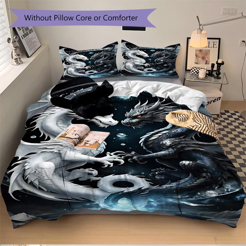 3PCs Mythical Dragons Design Cover Set, Breathable Fabric, Machine Washable (1 Duvet Cover + 2 Pillowcases) (Without Quilt) yy250911130