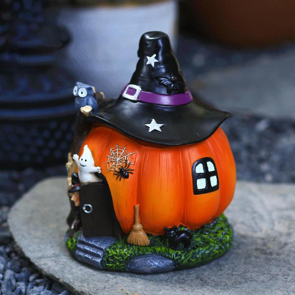 Halloween Witch Pumpkin House Figurine Luminous Resin Pumpkin Statue Crafts Desktop Ornament