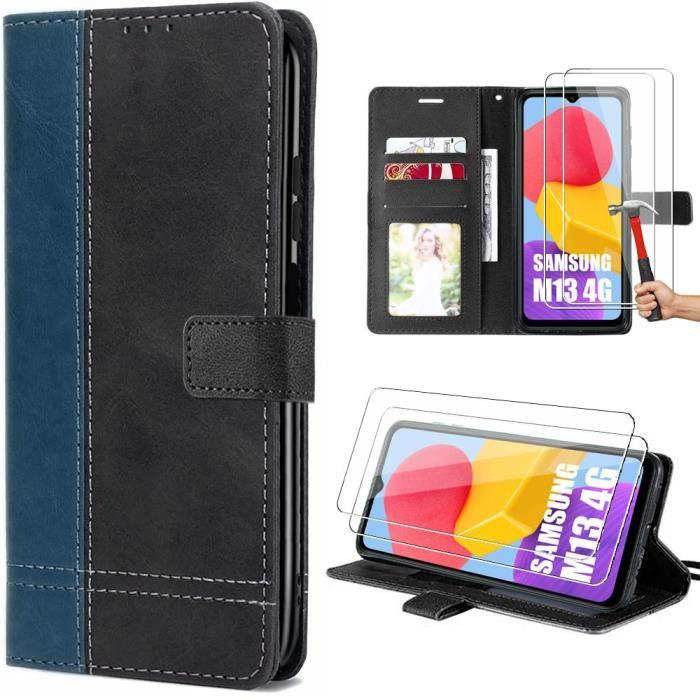 Coque pour Samsung Galaxy M13 avec 2 Verres Trempés, Protection Effet Cuir Bleu Marine-Noir