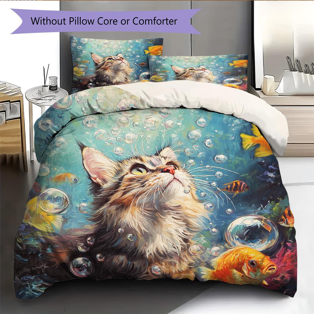 Bubble Cat Pattern Bedding Quilt Set Quilt Cover Pillowcase Home Decoration Gift (1 * duvet cover + 2 * pillowcase, without core)