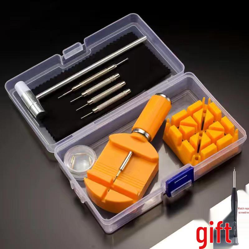 

11-Piece Watch Repair Tool Set: Opener, Disassembly Tools, Band Adjuster, Pin Punch, Small Hammer.