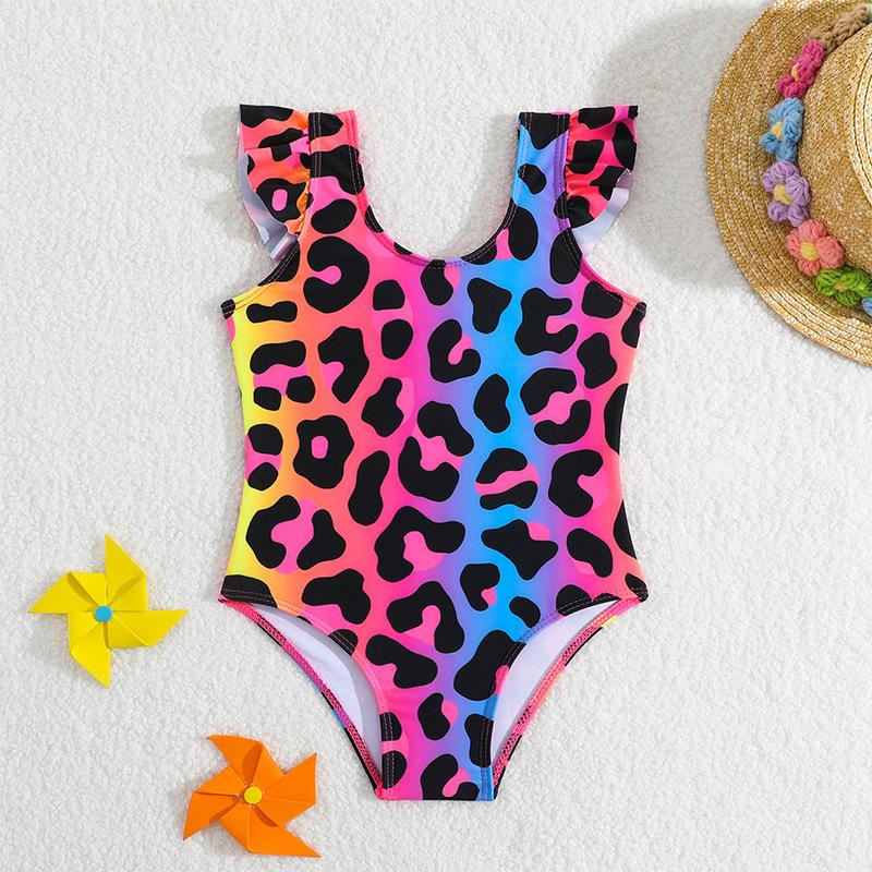 

Fashion Kids Girls Gradient Leopard Print One-Piece Swimsuit Ruffle Sleeve Bathing Suit 90cm