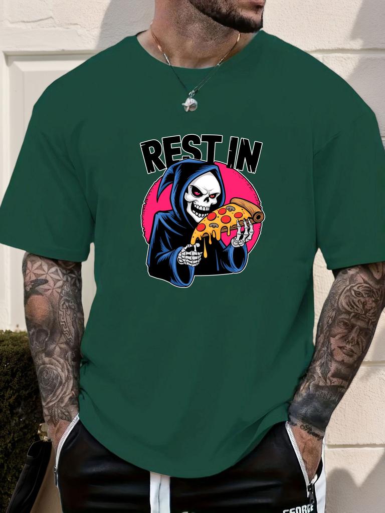 Mens Casual Tshirt Grim Reaper Pizza REST IN Print Short Sleeve Round Neck Breathable Oversized Daily Wear Tee