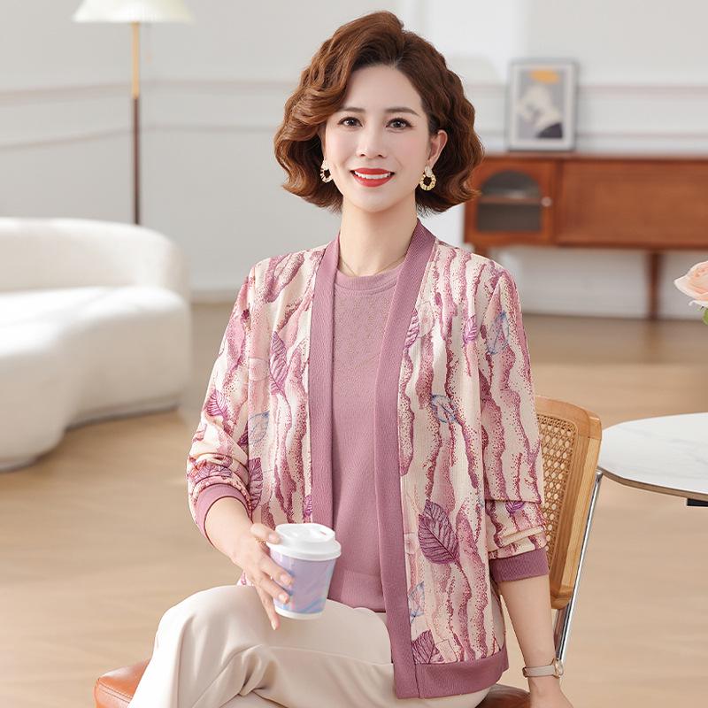 

2025 Trendy Jacquard Knitted Cardigan for Middle-Aged and Elderly Women - Spring & Autumn Fashion Sweater Jacket 5XL розовый