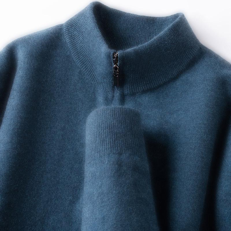 Winter 2025 Men's Warm Wool Sweater, Half-High Collar, Zipper, Solid Color, Thick Knit Base Layer