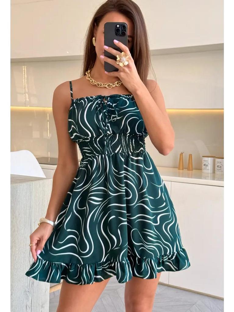 European-American Women's Summer V-Neck Lace-Up Printed Sling Dress