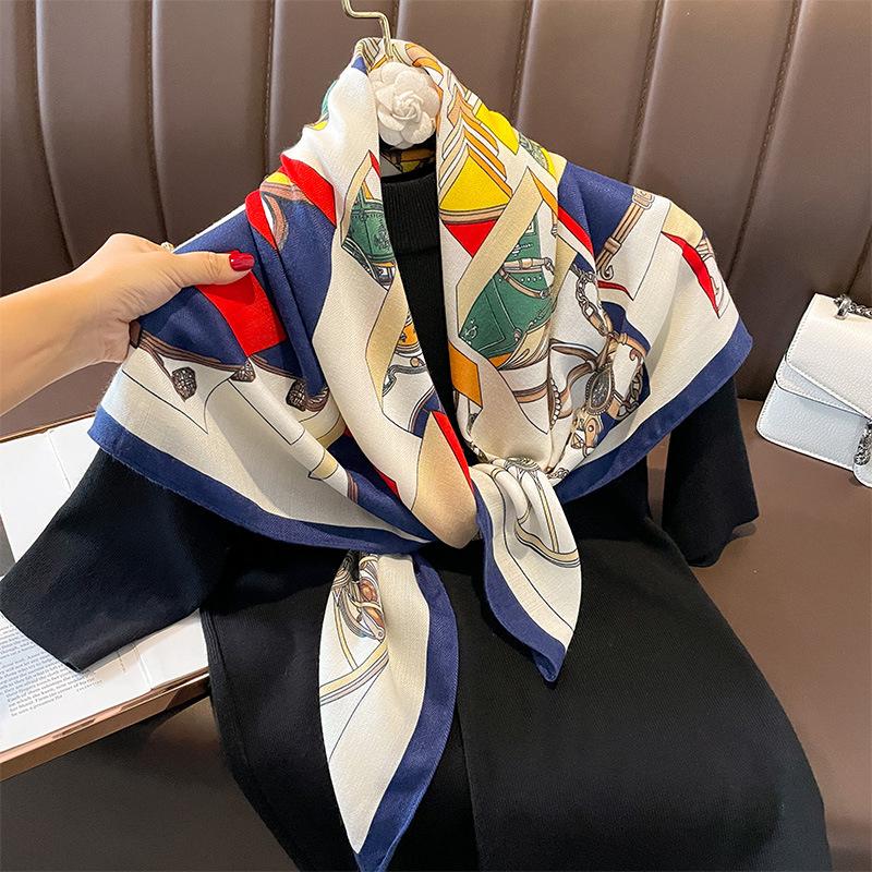 Model Of Imitation Silk Women Carriage Pattern Fashionable Large Square Scarf With Multifunctional Headscarf