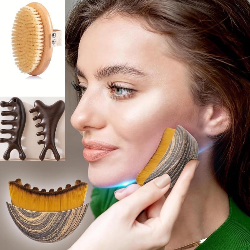 Lymfatický konturovací štětec na obličej Tělový kartáč na suché kartáčování Koupelnový kartáč Dřevěný masážní hřeben Konturování obličeje a lymfatická masáž