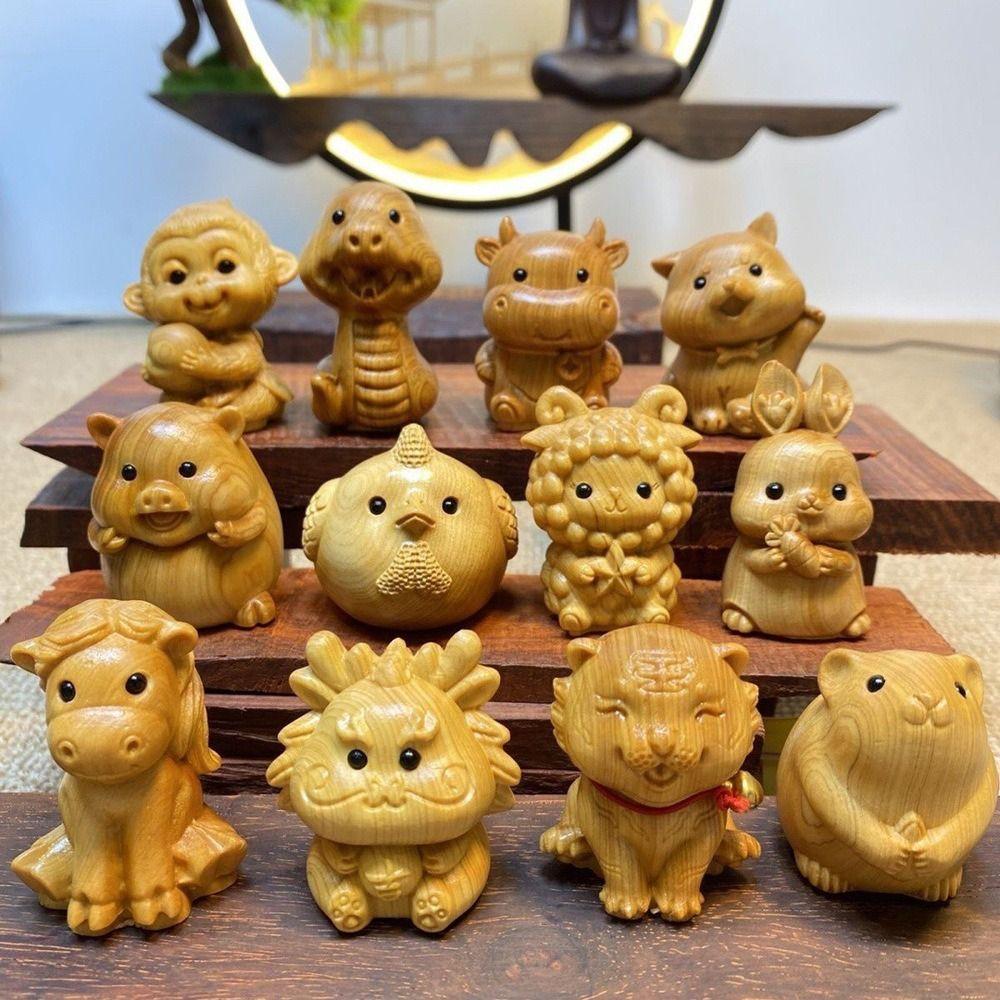 Mini Wood Carving Wood Carving Twelve Zodiac Wooden Zodiac Wood Little Animal Model  New Year Gift