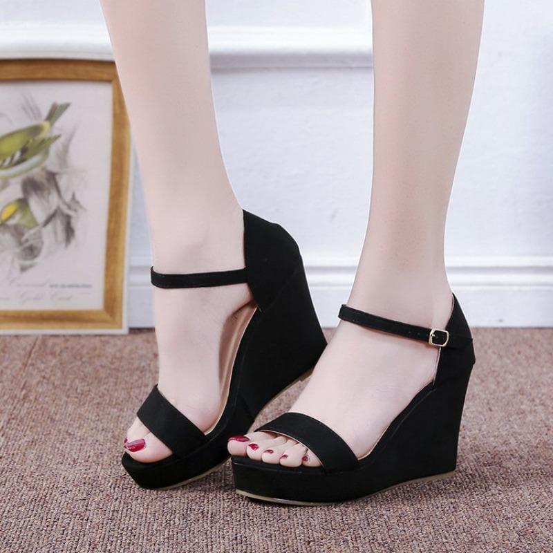 Versatile slope heel sandals women's open-toe one-word buckle bag heel women's shoes fashion suede women's sandals