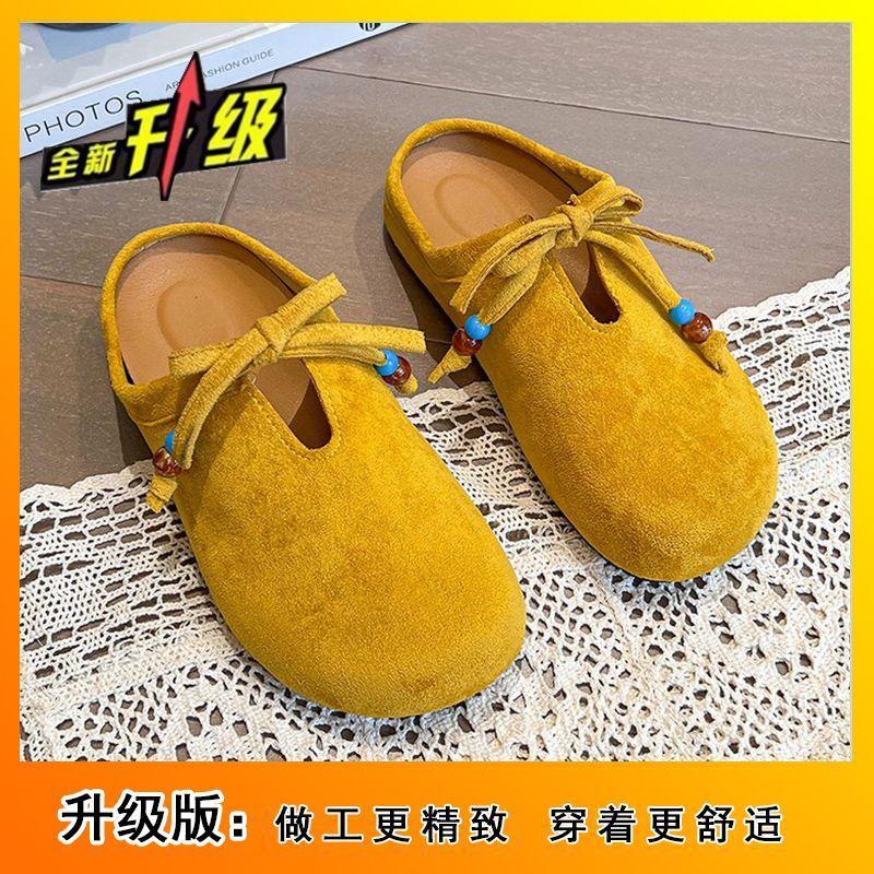 Bow soft bottom half slippers retro versatile flat bottom Boken bag head slippers women's 2025 spring and autumn new models