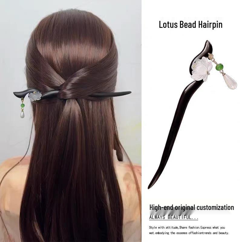 Lotus Ebony Hairpin: Elegant Chinese-Style Women's Updo Accessory