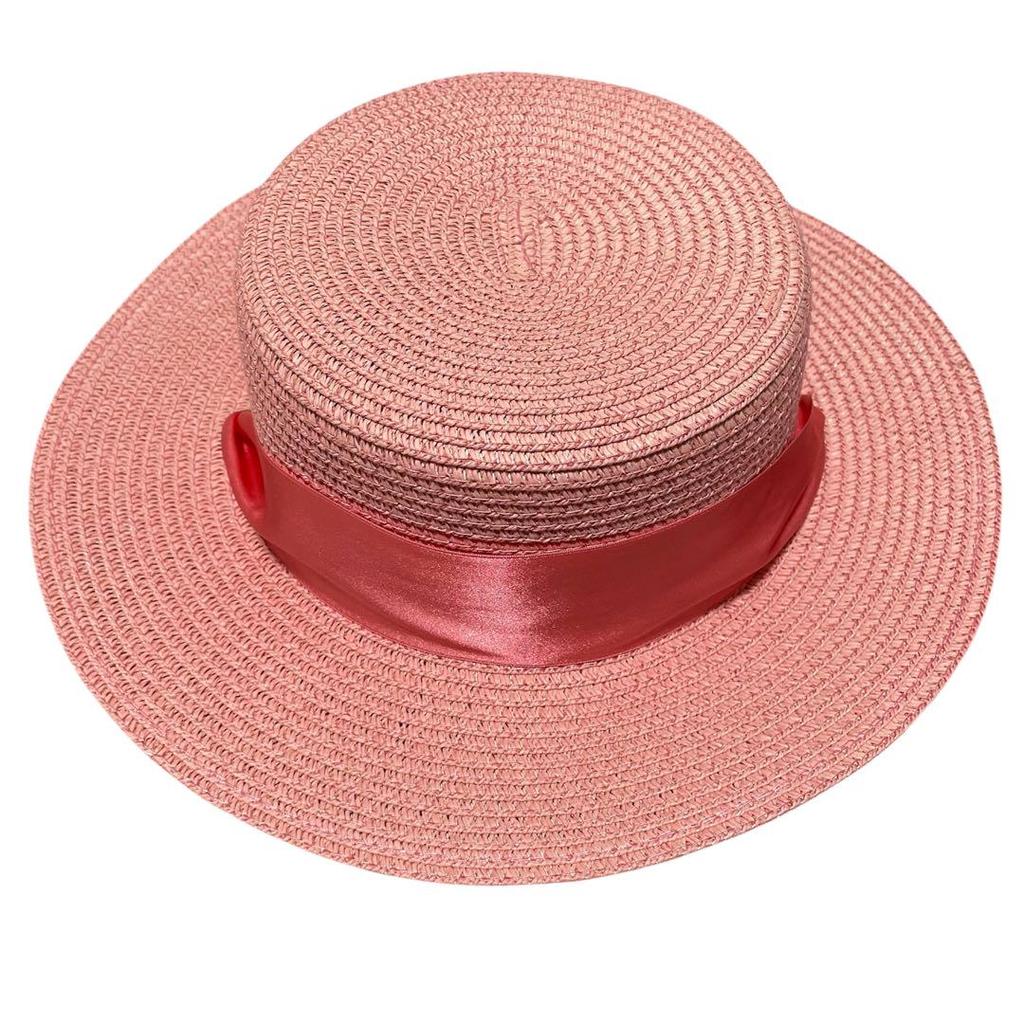 [USED] Excellent Condition Big Bang Fiberglass Straw Hat with Pink Ribbon, Perfect for Summer, Made In Japan