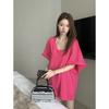 Rose Red Women's U-Neck Loose-Fit Cotton T-Shirt - Summer Mid-Length Trendy Style