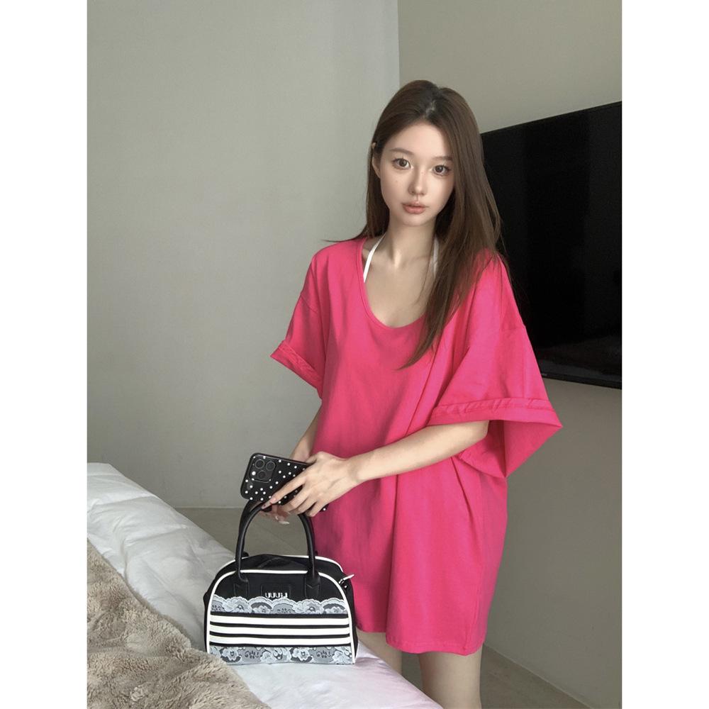 

Rose Red Women s U-Neck Loose-Fit Cotton T-Shirt - Summer Mid-Length Trendy Style M