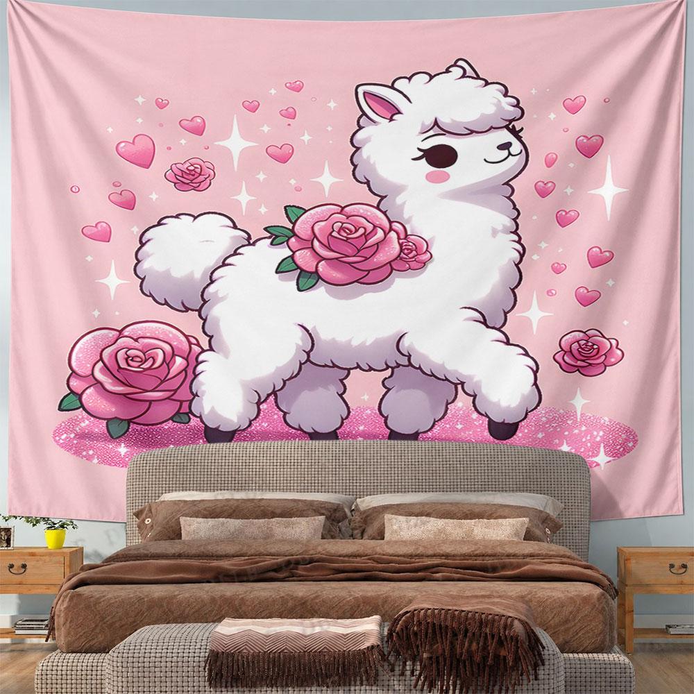 Cute Llama with Roses and Sparkles Pattern Wall Hanging Tapestry Decorative Tapestry Home Decor for Bedroom and Living Room