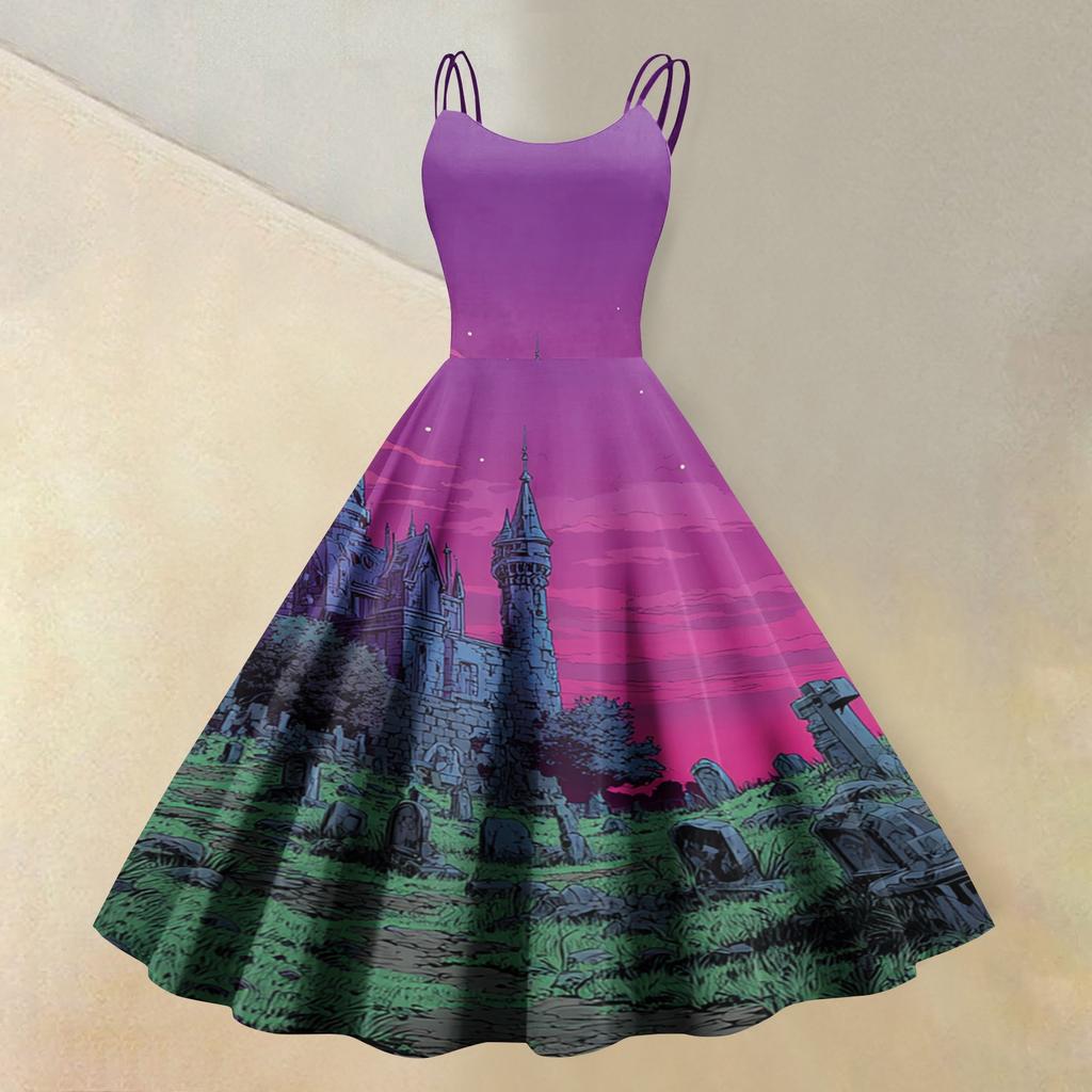 Women's Sleeveless Casual Dress with Halloween Print Round Neck Vintage Style Fit and Flare Midi Dress for Everyday Wear