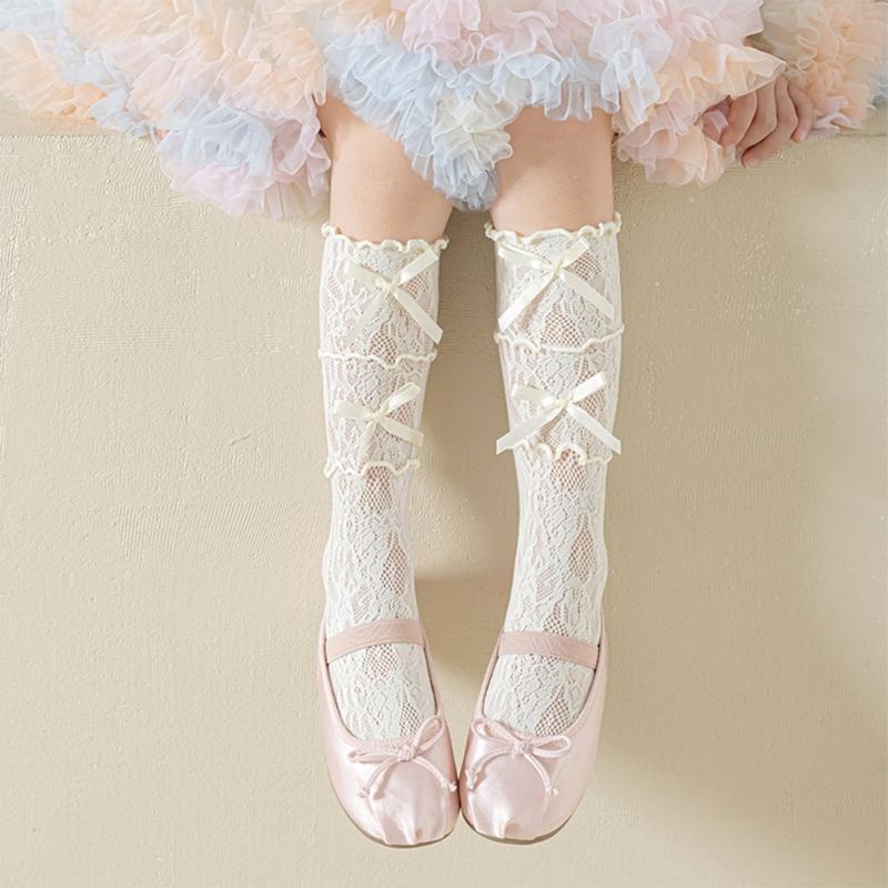 Cotton Girls Socks, Spring Thin Style In Tube Socks 3-Layer Lace Bowknot Charm Stackable for Kids 3-13T