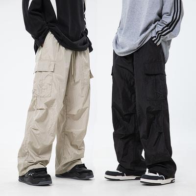 Men's Spring Autumn Workwear Pants Paratrooper Long Pants Slightly Wrinkled Loose Casual Drawstring Trousers