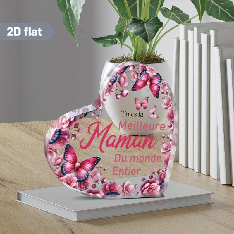 2D Flat Beautifully Crafted Heart-Shaped Decorative Plaque and Statue Featuring A French Maternal Tribute with Floral and Butterfly Themes