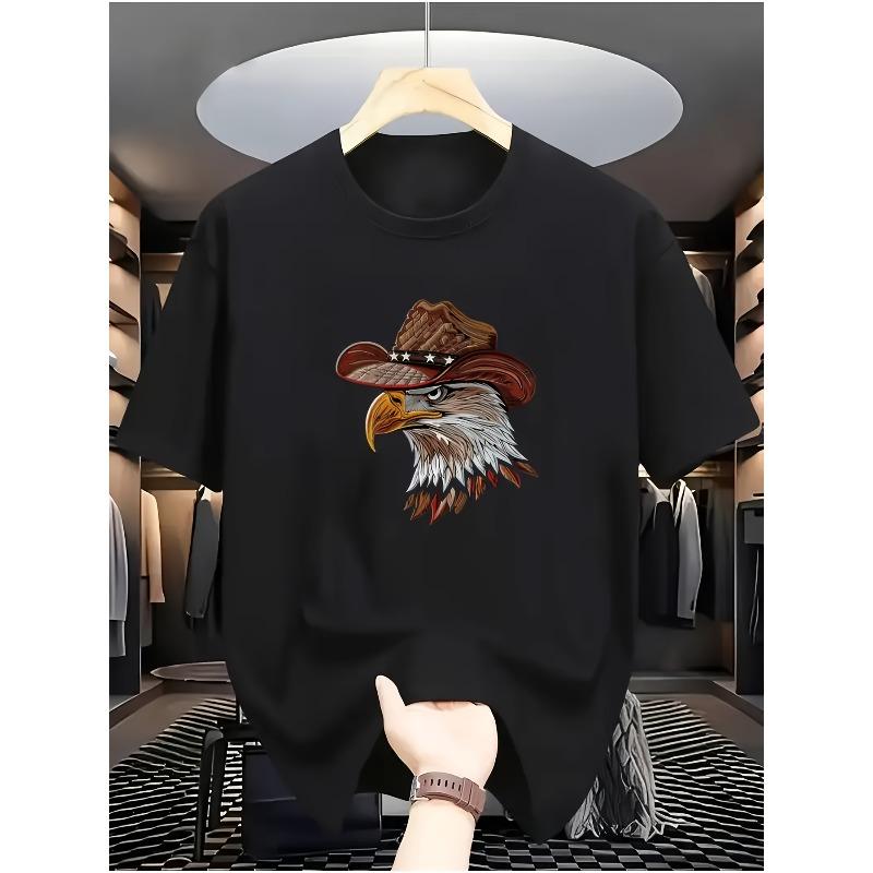 

European sizes Round Neck Short Sleeve T-Shirt, American Vintage Style, Creative Eagle Head Wearing a Starred Cowboy Hat Print 4XL чорний