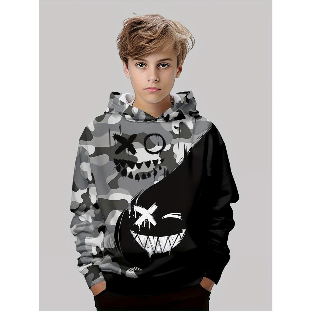 Trendy and fashionable children's hoodies in spring and autumn seasons, gray green black three tone striped 3D