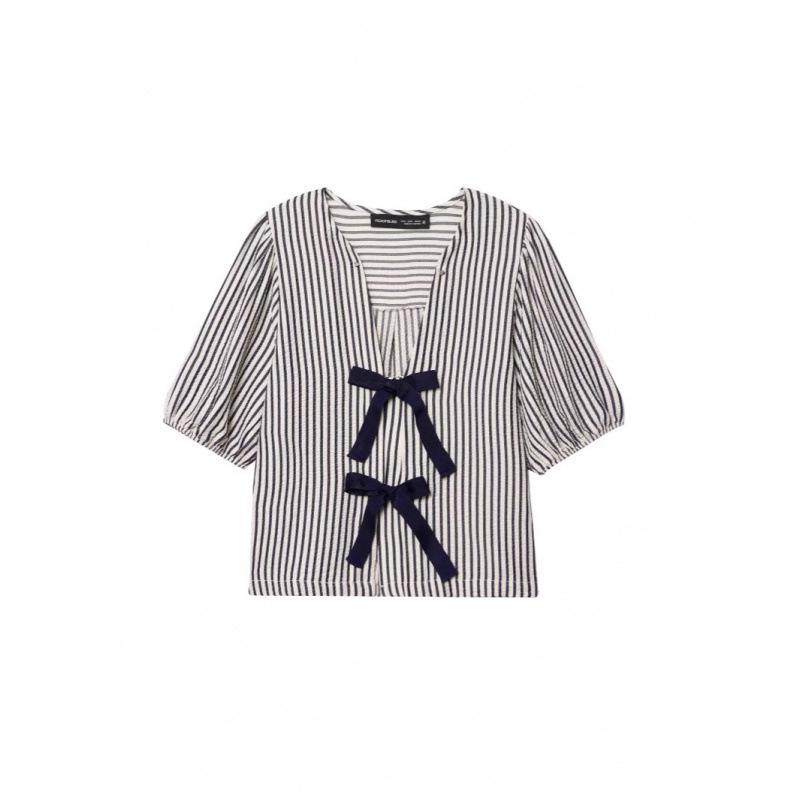 2026 European & American Style Striped Tie-Up Lantern Sleeve Short Shirt XXL