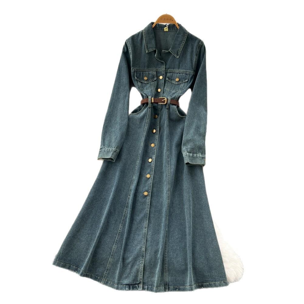 French retro light and mature style high-end metal buckle lapel long sleeve single-breasted buckle strap waist denim dress women