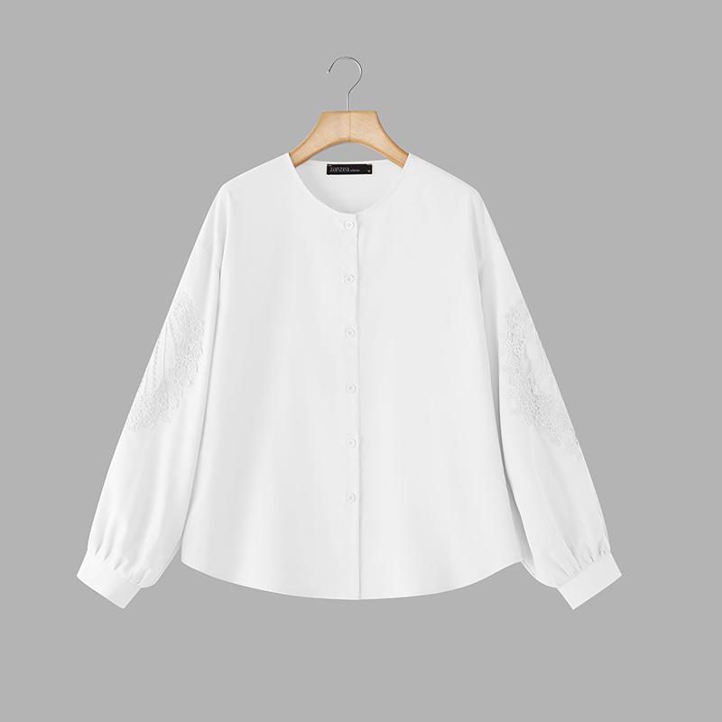 ZANZEA Camicetta casual da donna a maniche lunghe con scollo rotondo e tinta unita