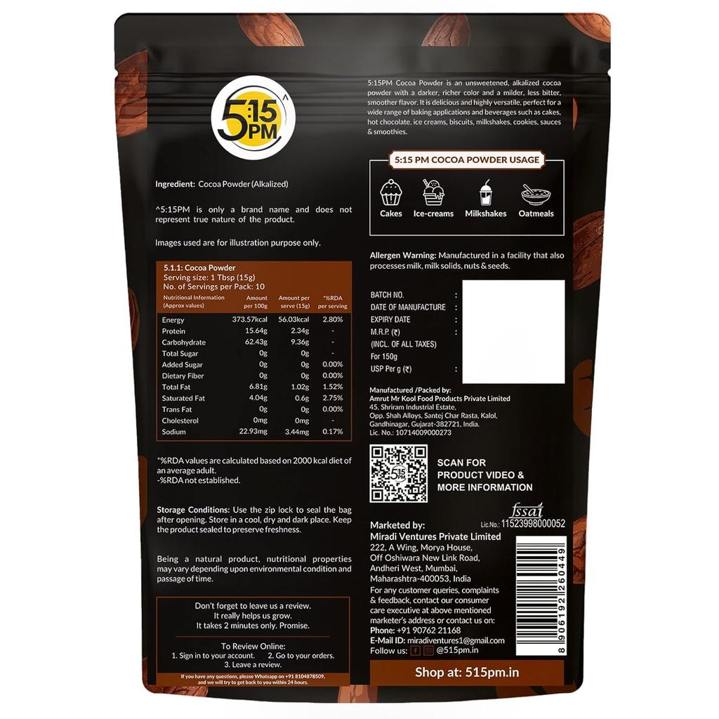 5:15 PM Pure Unsweetened Cocoa Powder 150g | Dark Alkalized Cocoa For Baking, Hot Chocolate & Milkshakes
