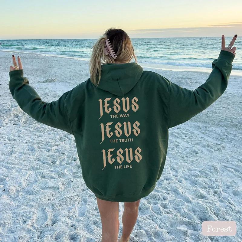 JESUS THE WAY New Autumn and Winter Fashion Letter Print Hooded Back Collar Plus Velvet Loose Sweatshirt