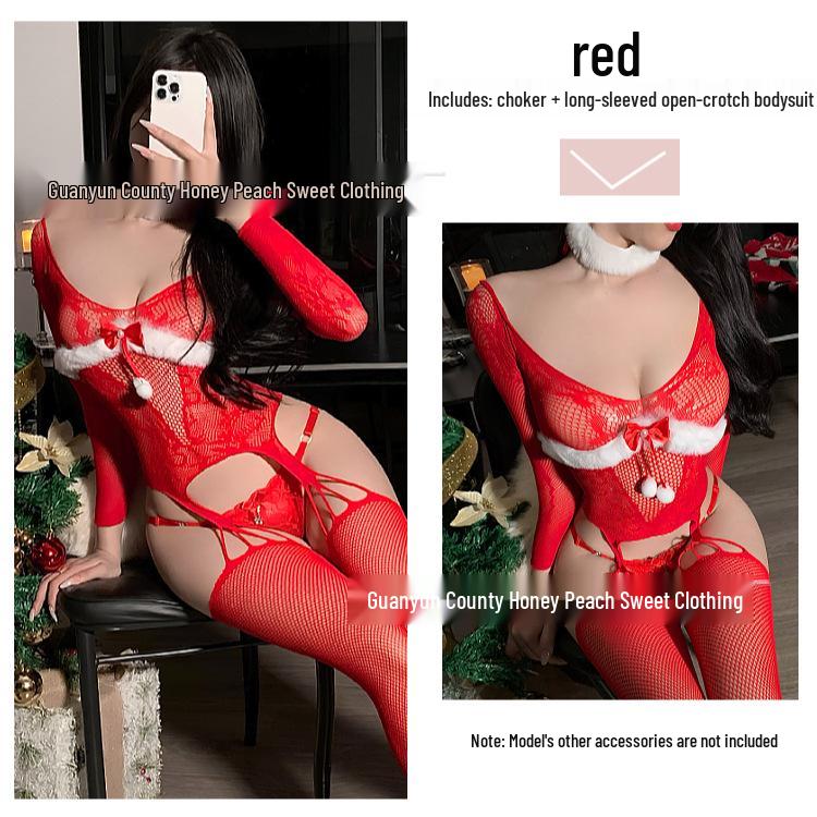 Festive Red Mesh Bodysuit & Open Crotch Stockings