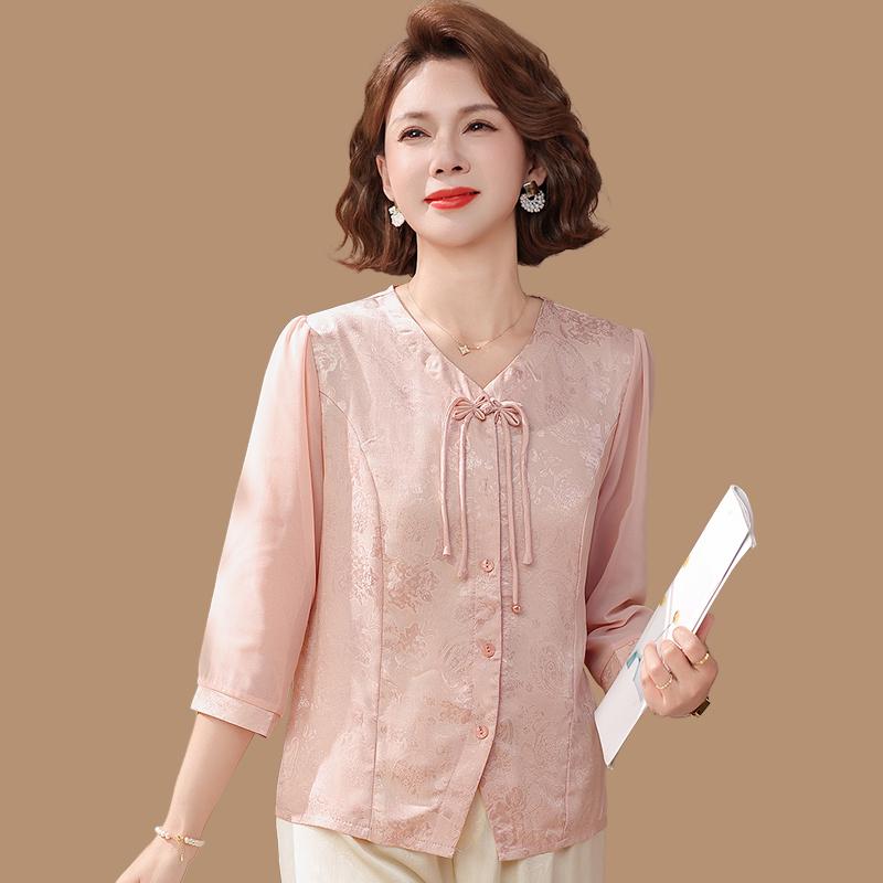 

Fashionable 2026 Chinese Style Seven-Sleeve Chiffon Blouse for Middle-Aged & Elderly Women 3XL 60-68kg розовый