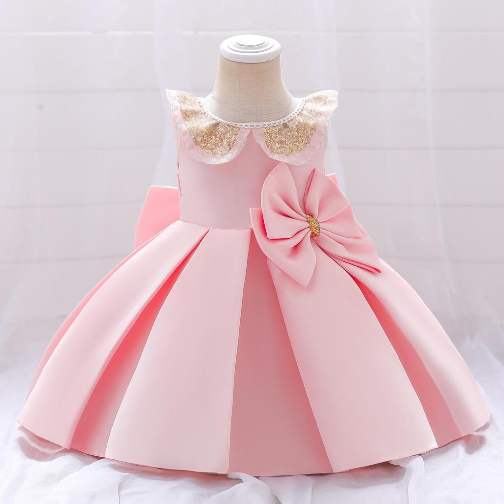 2025 Girls' Princess Formal Dress with Big Bow and Puffy Satin Skirt for Toddlers and Young Kids
