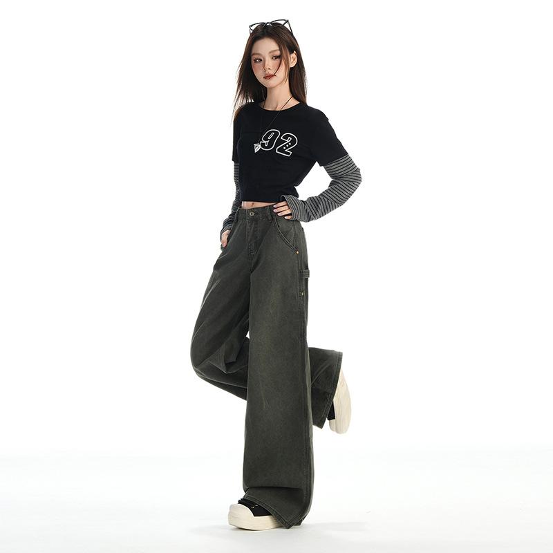 Army green utility jeans for women, new autumn American low-rise loose straight-leg versatile wide-leg pants